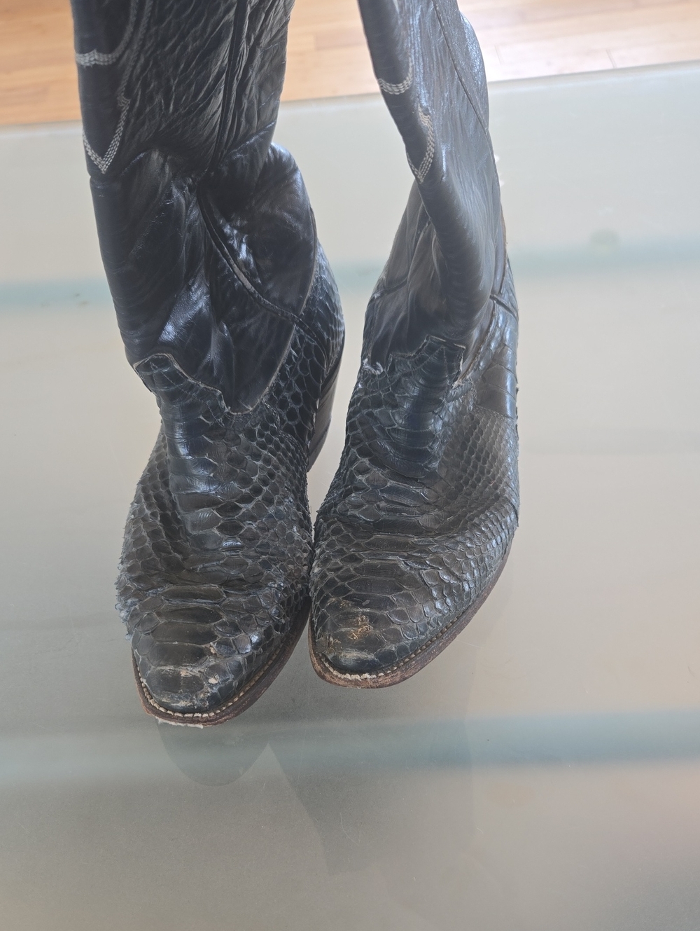 Tony Lama Black Snakeskin-Textured Western Heeled Boots